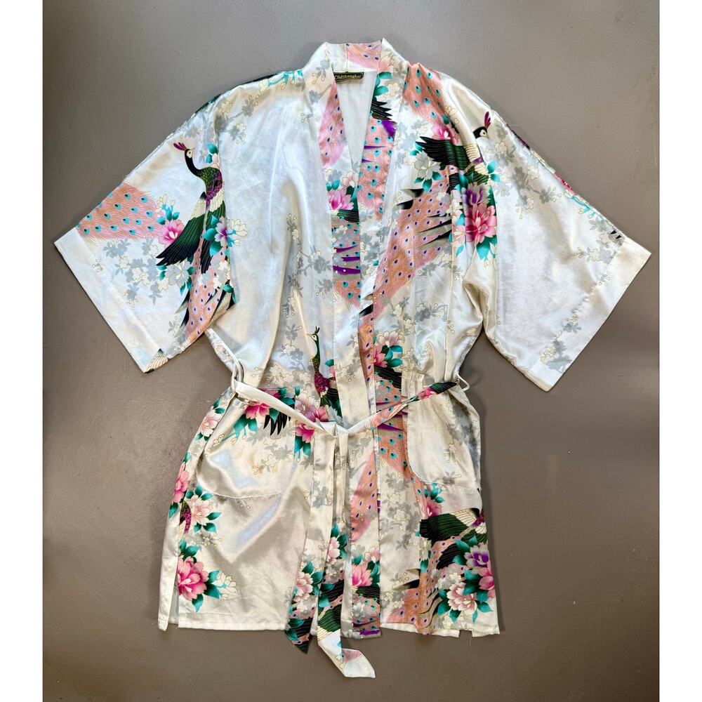 Old Shanghai Peacock Floral Satin Kimono Robe Cover Up One Size